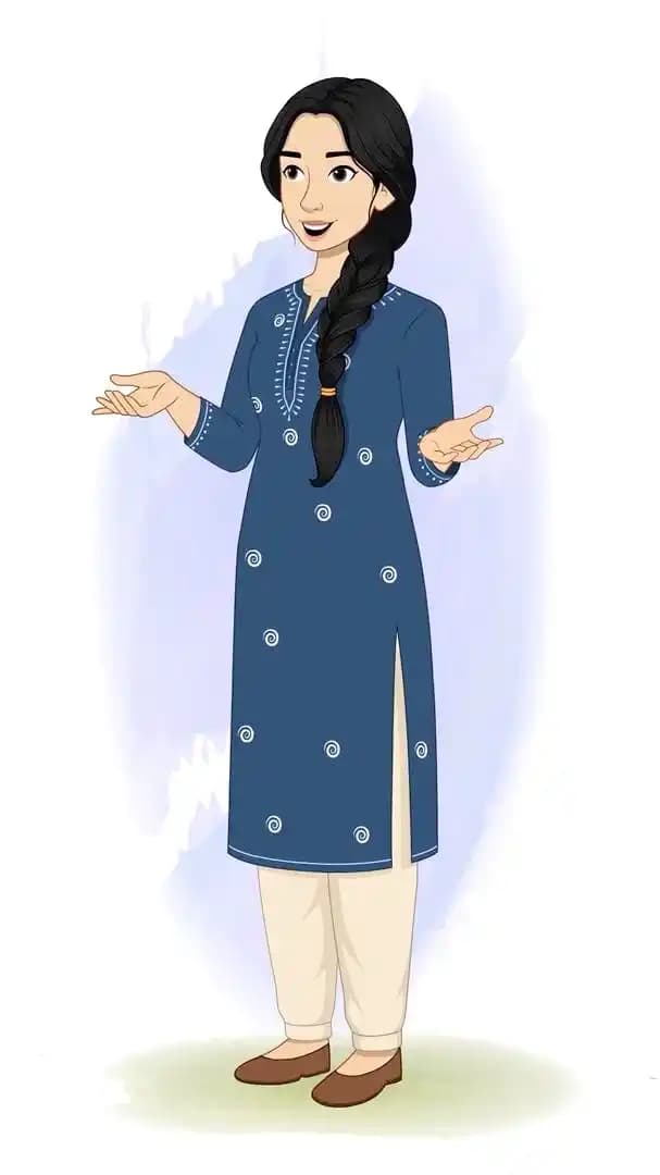 Girl wearing blue suit talking pose animated vector cartoon character AKA Gauri