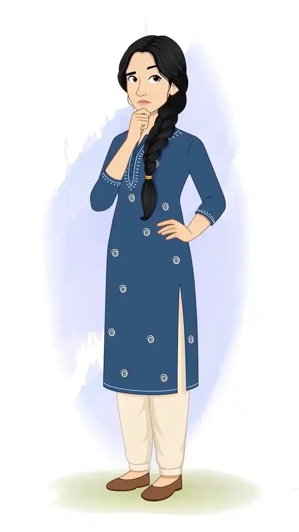 Beautiful lady thinking pose animated vector cartoon character AKA Gauri