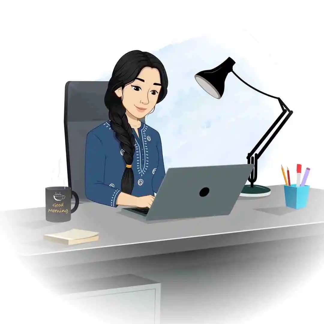 Young Indian girl working on laptop animated vector cartoon character AKA Gauri