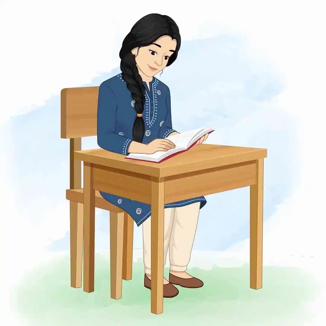 Indian girl reading book at the table animated vector cartoon character AKA Gauri