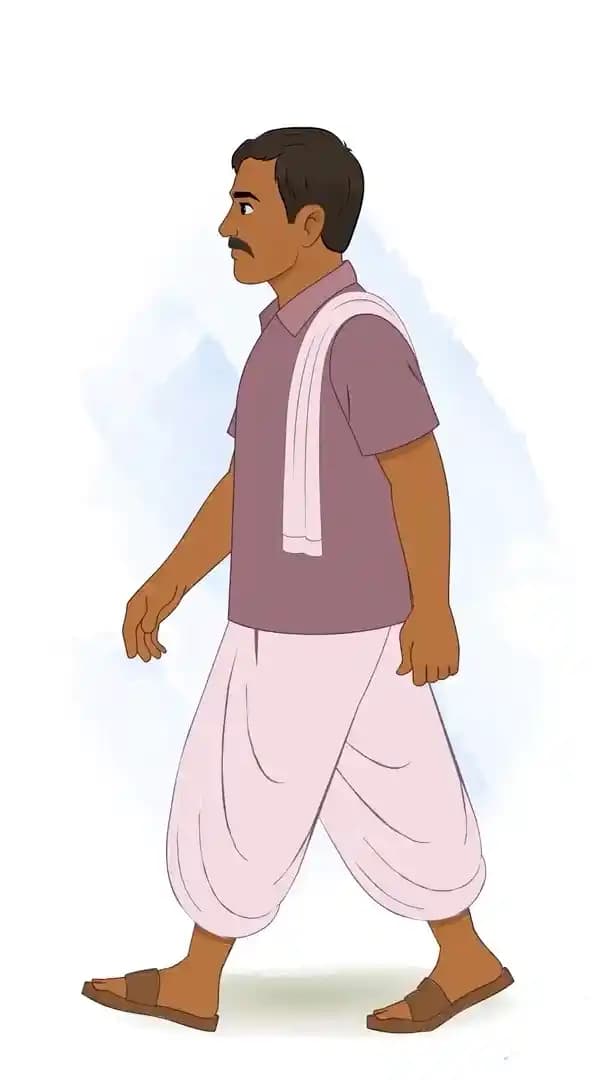 Indian farmer traditional clothes side walking pose animated vector cartoon character AKA Harish