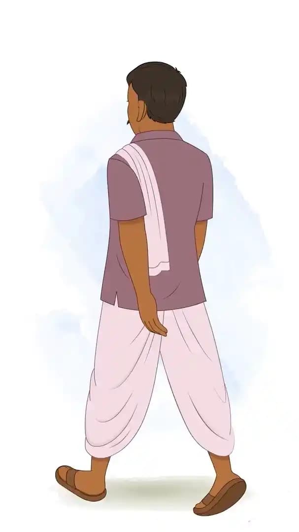 Indian rural man walking back third view animated vector cartoon character AKA Harish