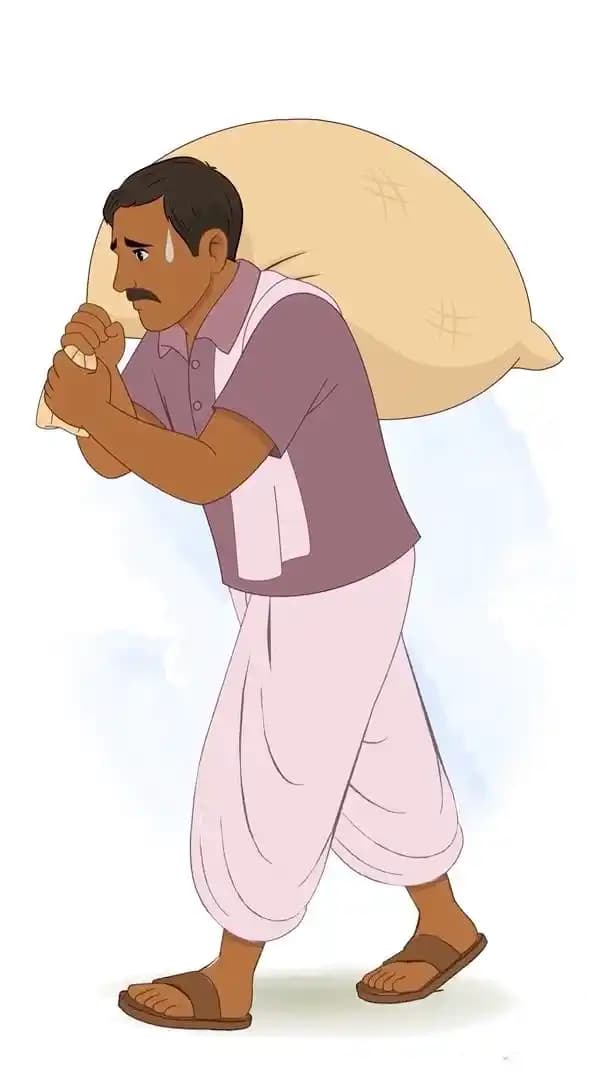 Indian farmer carrying rice bag animated vector cartoon character AKA Harish
