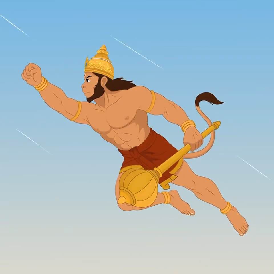 Lord Hanuman ji flying animated vector cartoon character AKA Lord Hanuman