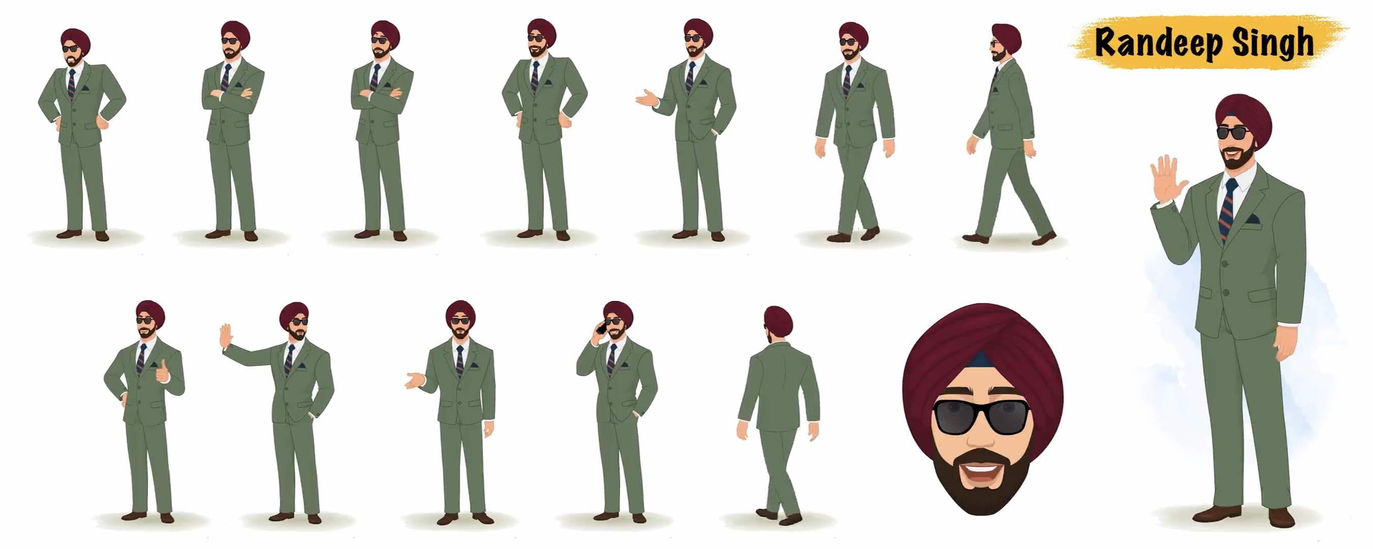 Indian sikh businessman animated vector cartoon character AKA Randeep Singh