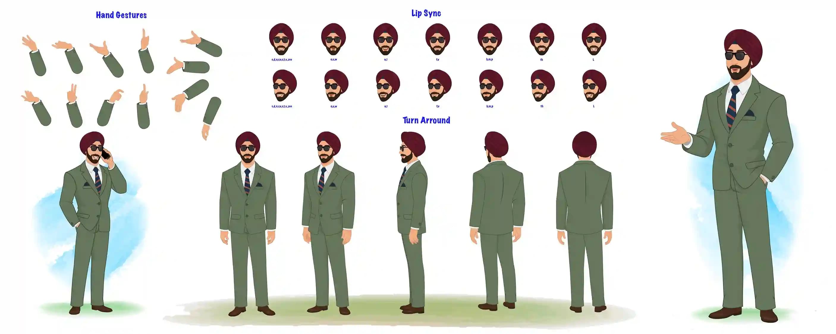 Indian sikh businessman model sheet vector cartoon character design set for animation AKA Randeep Singh