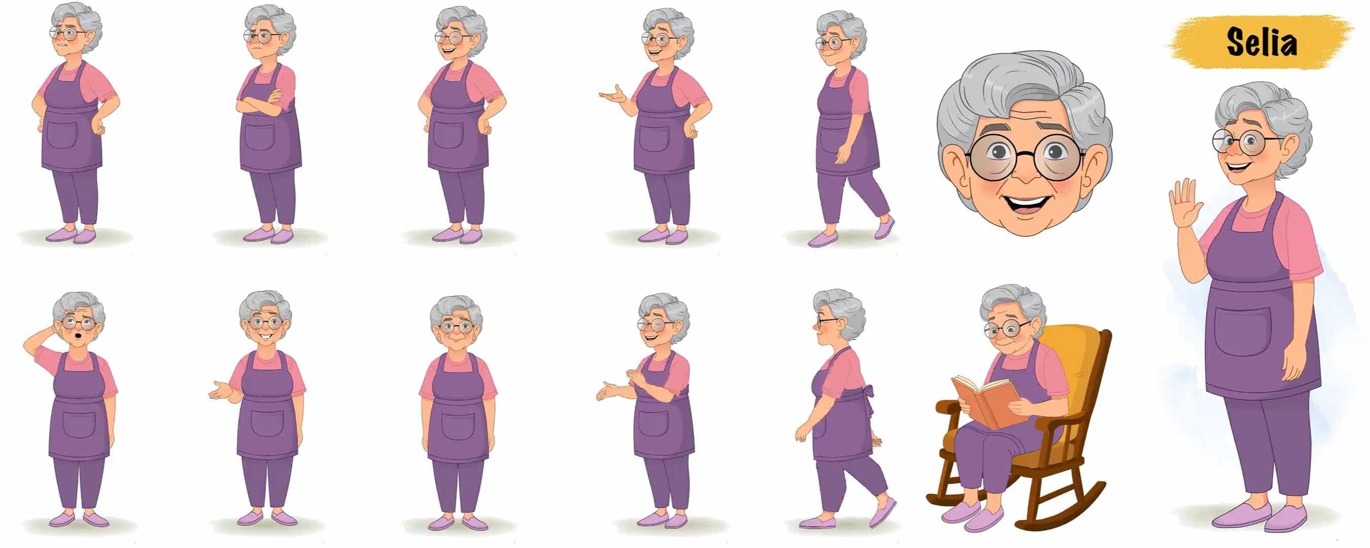 Old grandmother animated vector cartoon character AKA Selia
