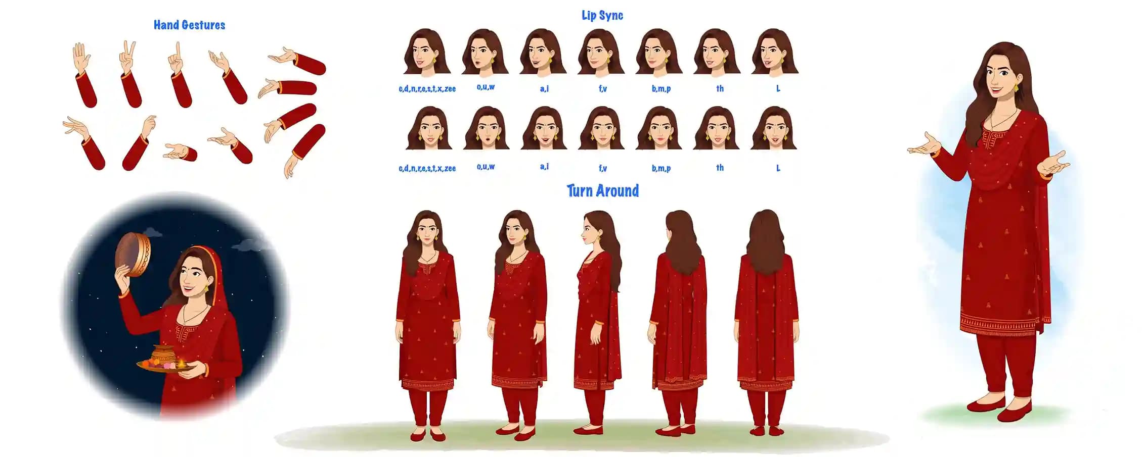 Indian pretty woman in traditional dress model sheet vector cartoon character design set for animation AKA Priya
