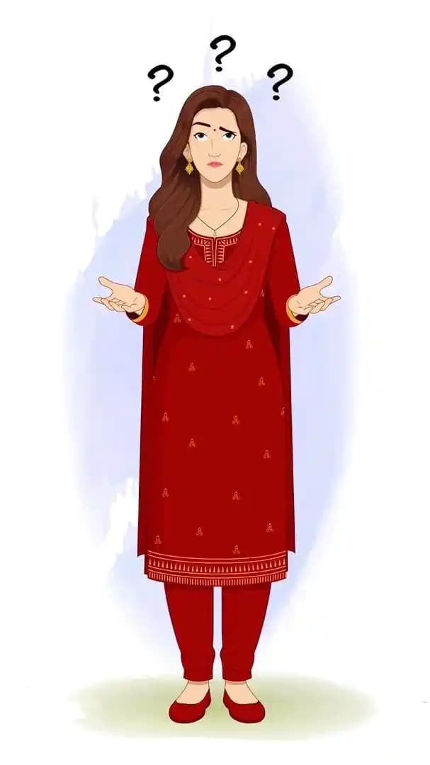 Confused Indian woman wearing red suit animated vector cartoon character AKA Priya
