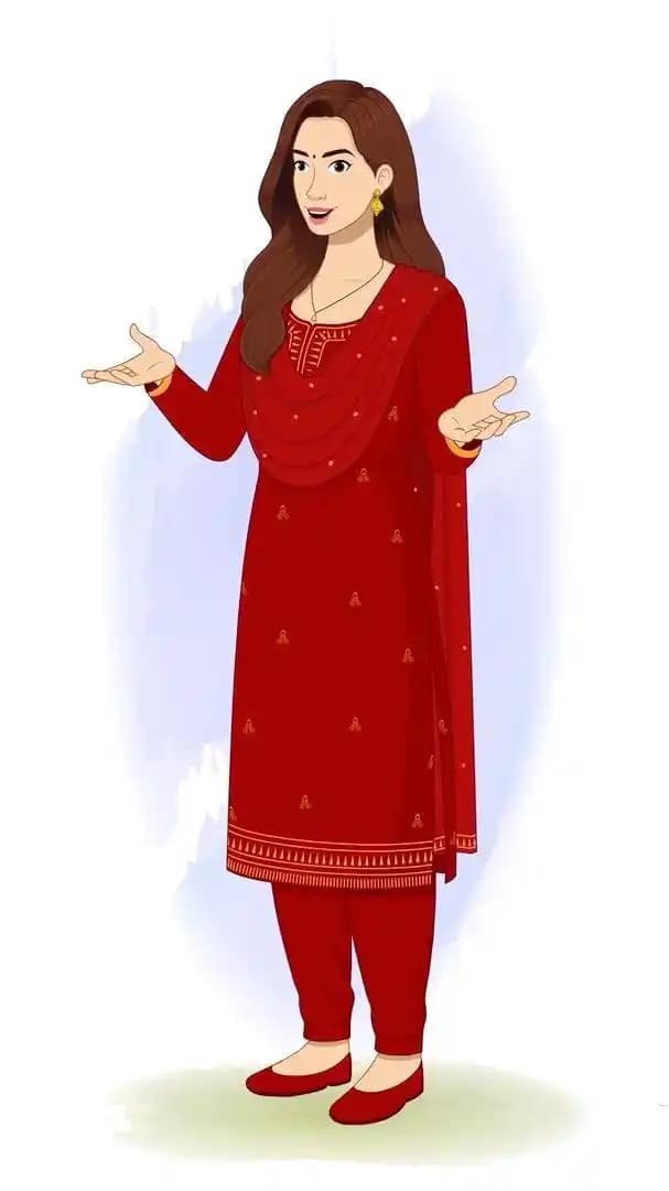 Red dress woman talking pose animated vector cartoon character AKA Priya