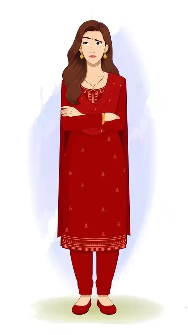 Sad Indian woman wearing red dress animated vector cartoon character AKA Priya