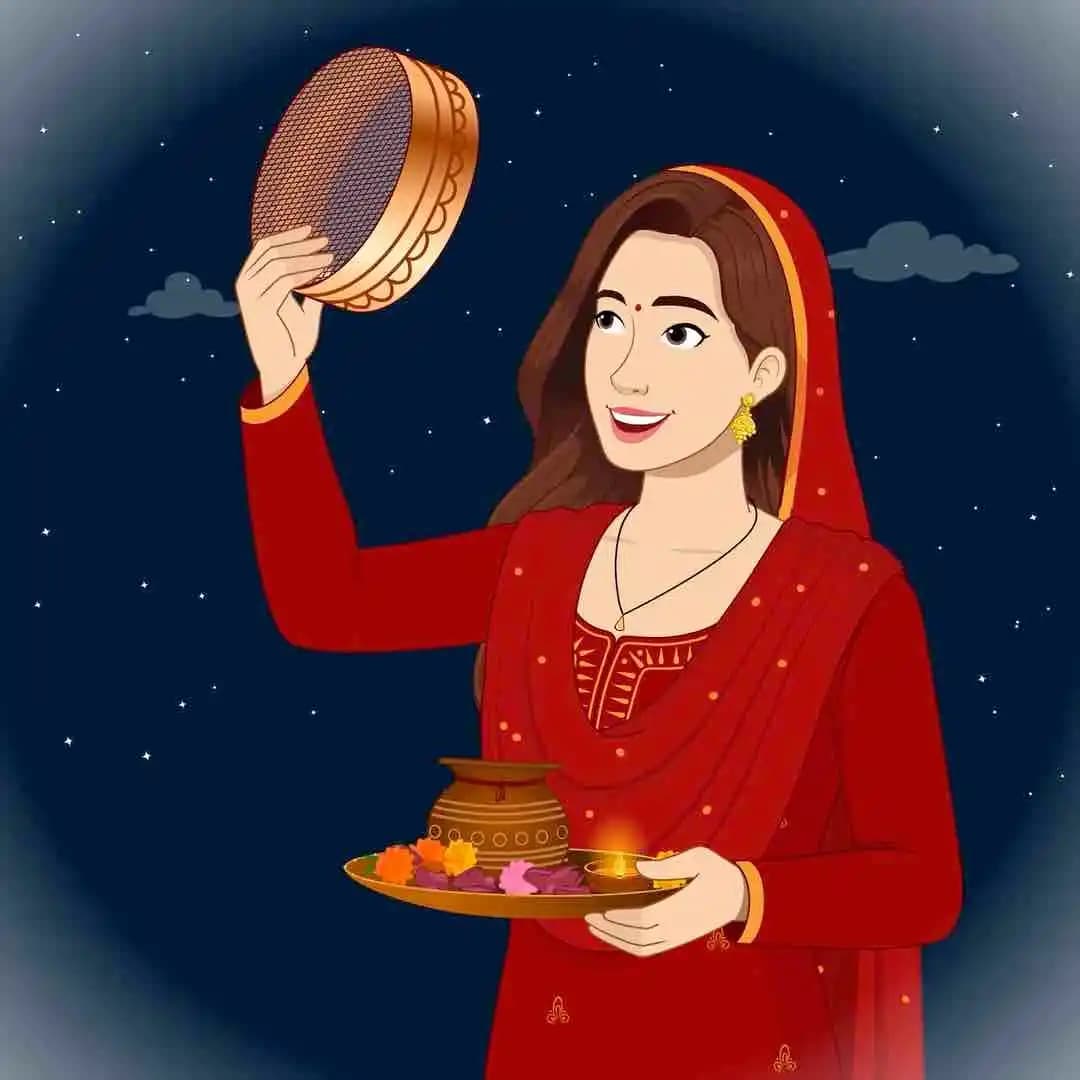 Indian woman celebrating karva chauth animated vector cartoon character AKA Priya