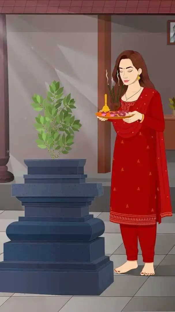 Indian woman doing tulsi pooja animated vector cartoon character AKA Priya