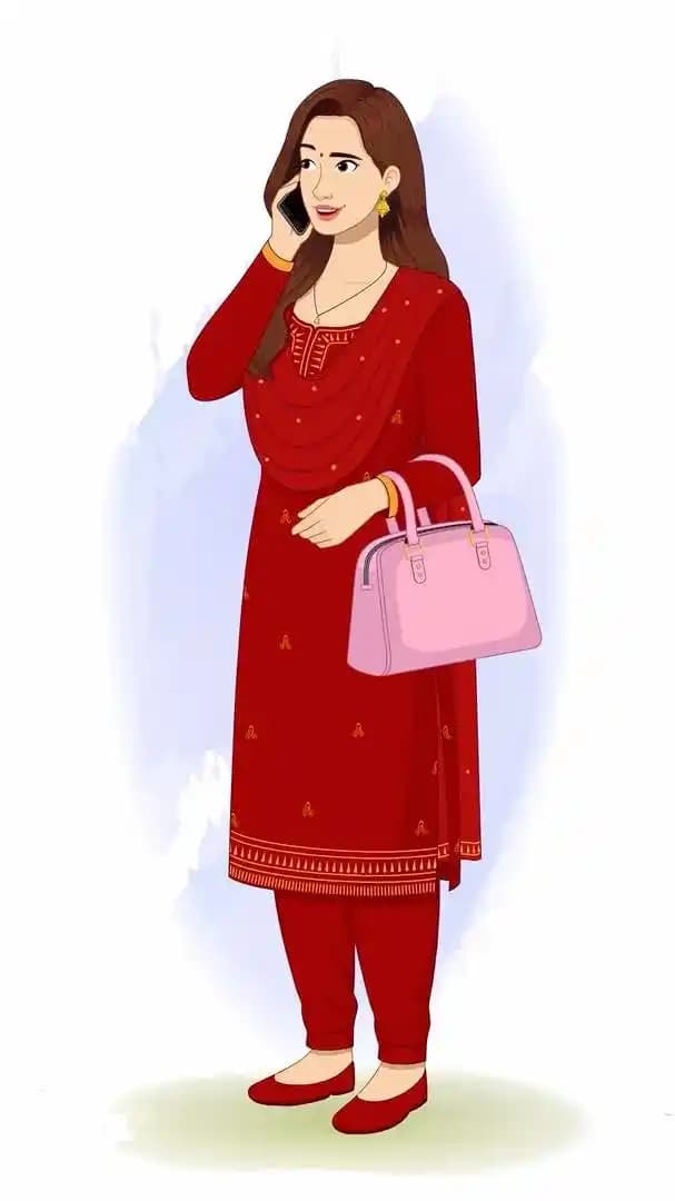 Young pretty woman talking on phone call animated vector cartoon character AKA Priya