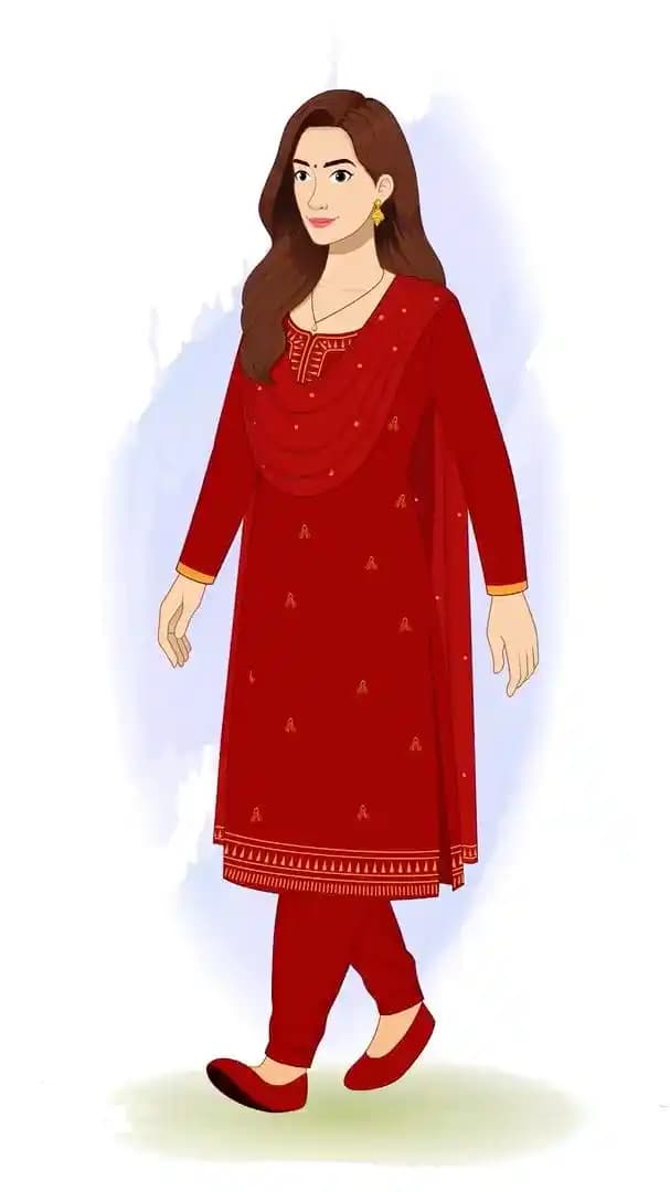 Traditional Indian woman walking one third view animated vector cartoon character AKA Priya