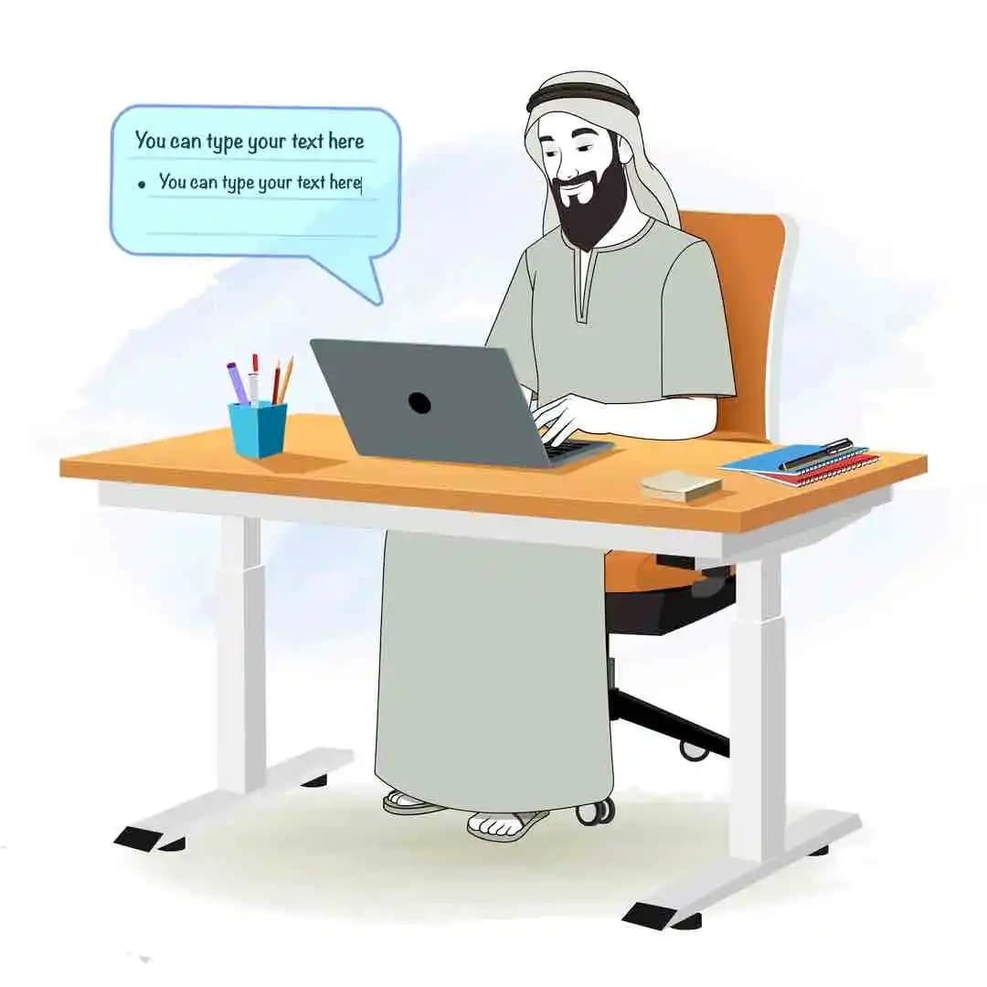 Middle eastern man working on computer animated vector cartoon character AKA Anwar