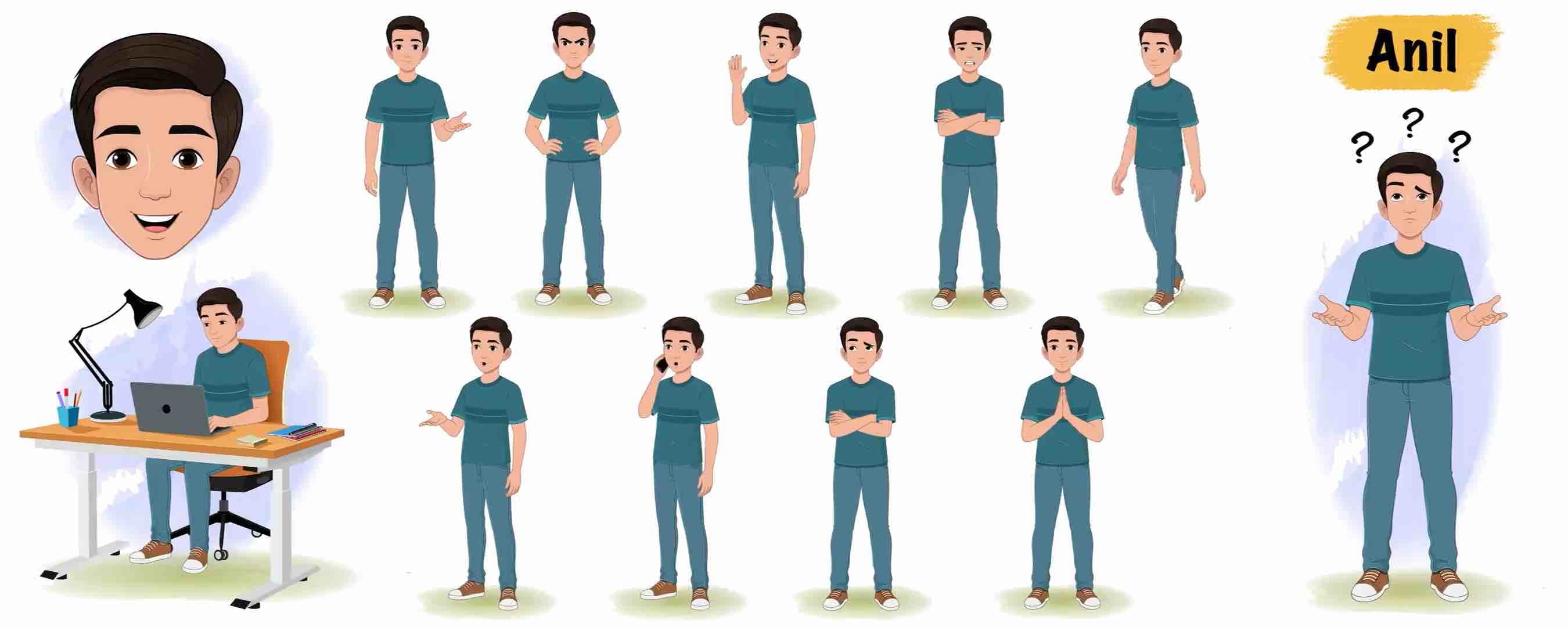 Indian boy wearing green t shirt animated model sheet vector cartoon character AKA Anil