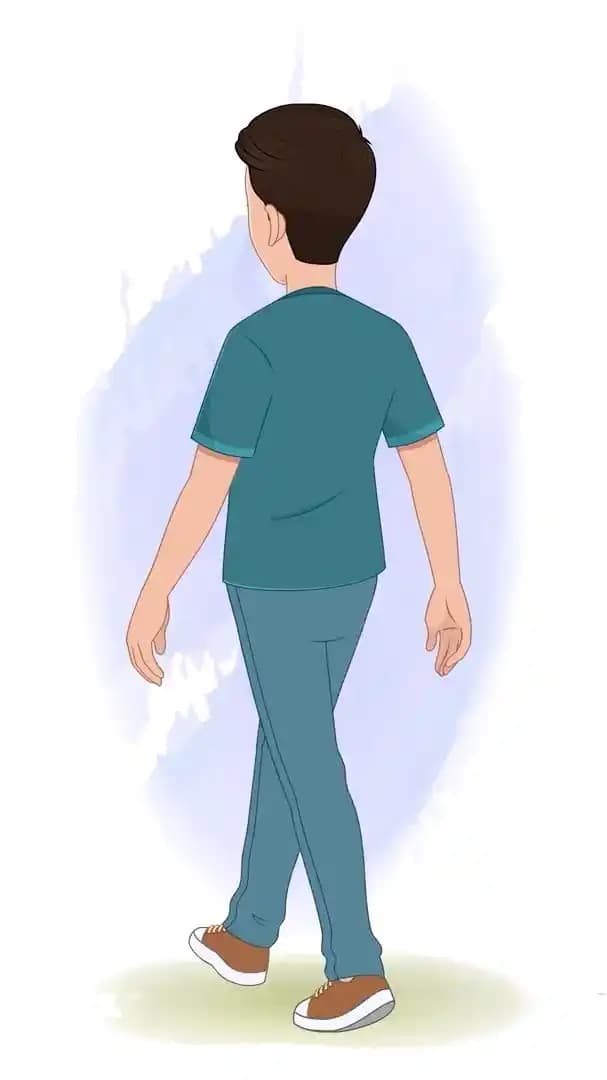 Adult boy walking back third view animated vector cartoon character AKA Anil
