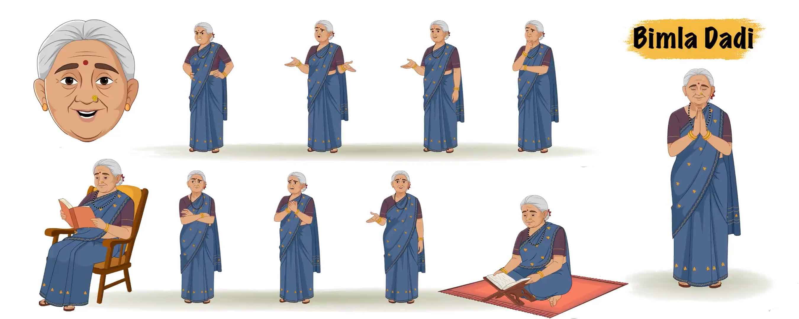 Indian old woman in saree animated model sheet vector cartoon character AKA Bimla Dadi