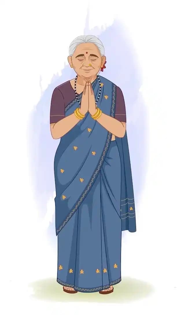 Old woman doing namaste animated vector cartoon character AKA Bimla Dadi