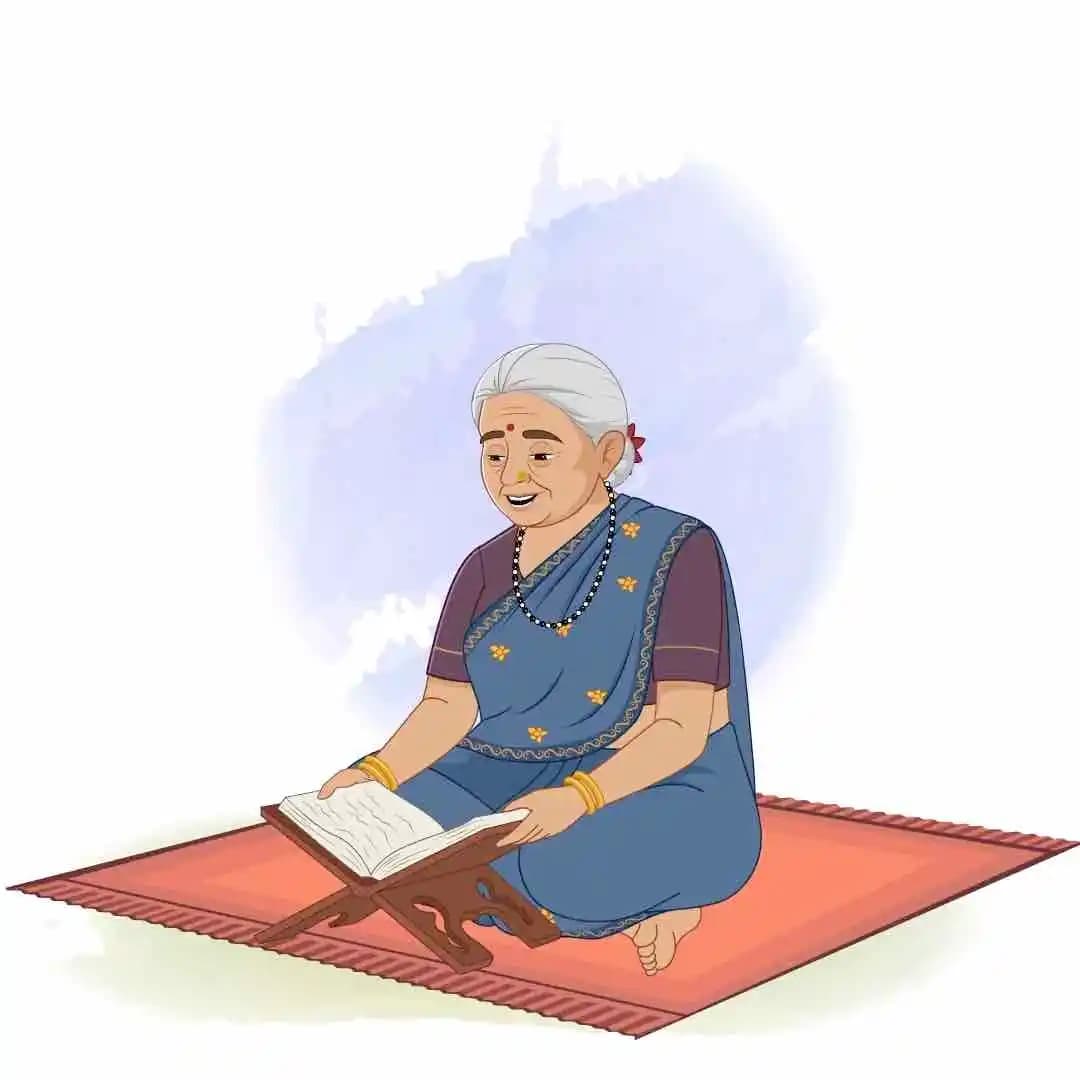 Indian grandmother reading holy book animated vector cartoon character AKA Bimla Dadi