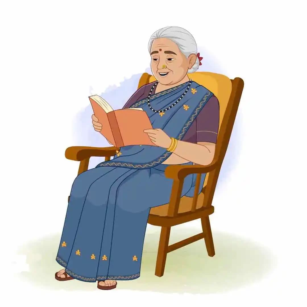 Old woman reading book animated vector cartoon character AKA Bimla Dadi