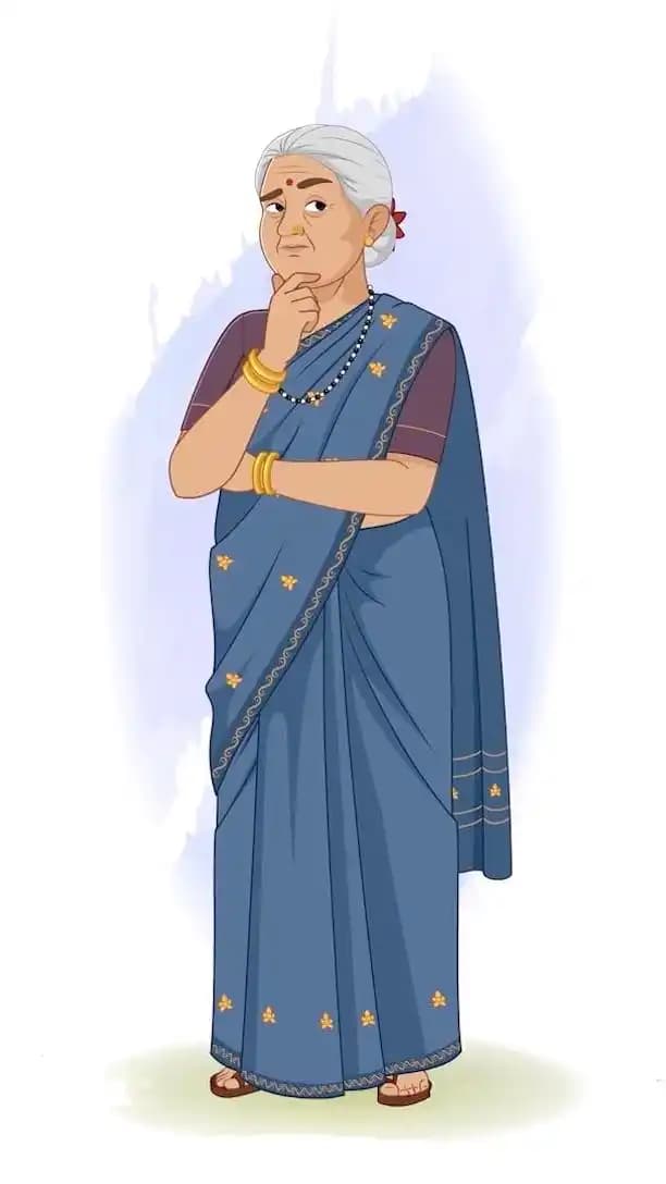 Traditional Indian woman thinking pose animated vector cartoon character AKA Bimla Dadi
