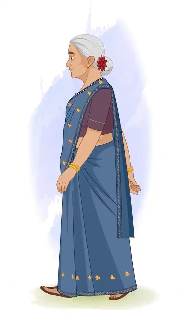 Indian grandmother side walking animated vector cartoon character AKA Bimla Dadi