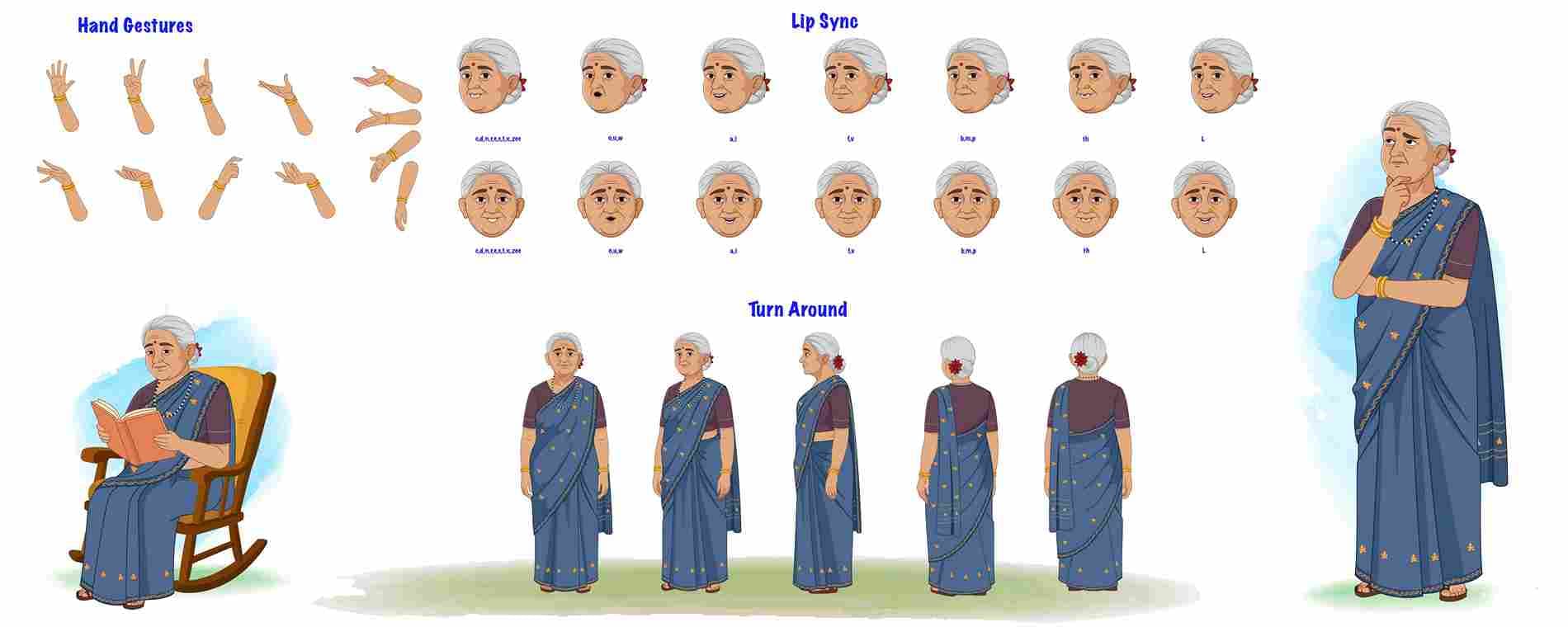 Indian old woman in saree model sheet vector cartoon character design set for animation AKA Bimla Dadi