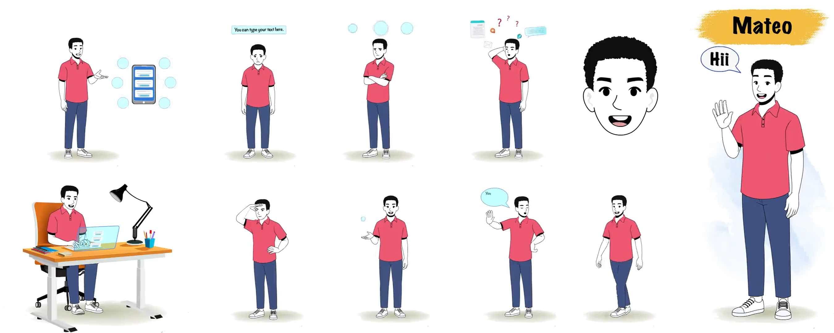 Young boy in infographic style animated model sheet vector cartoon character AKA Mateo