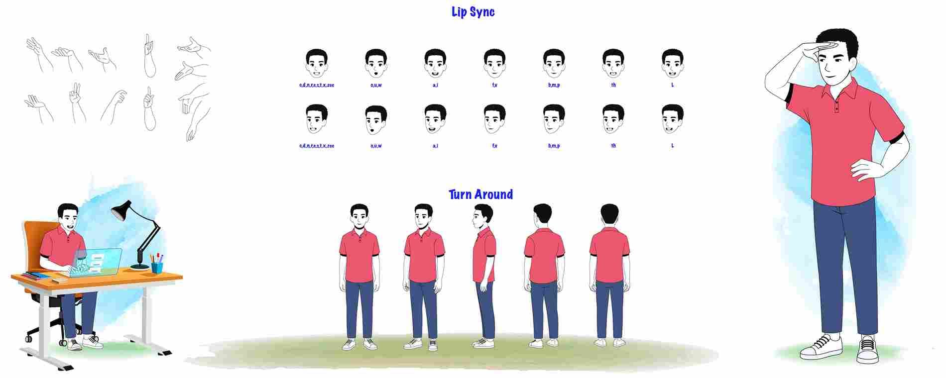 Young boy in infographic style model sheet cartoon character design set for animation AKA Mateo