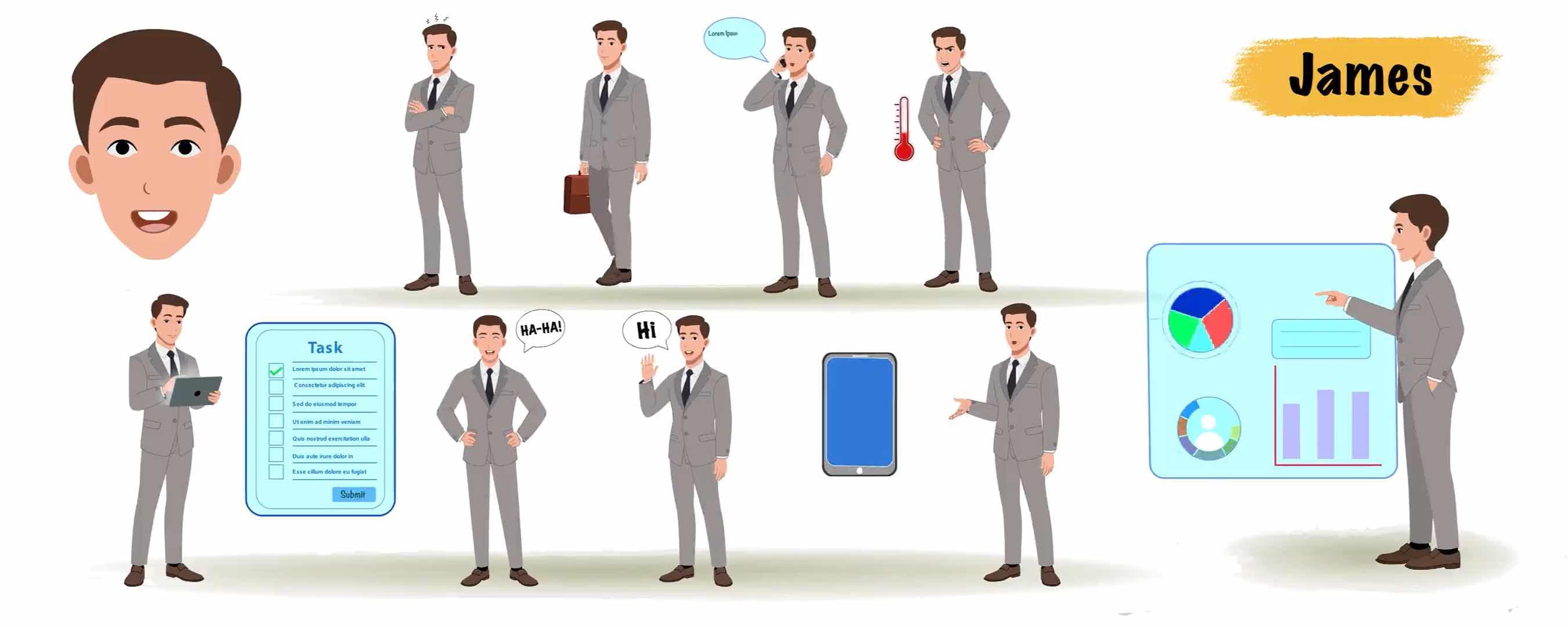 Young businessman wearing formal clothes animated model sheet vector cartoon character AKA James