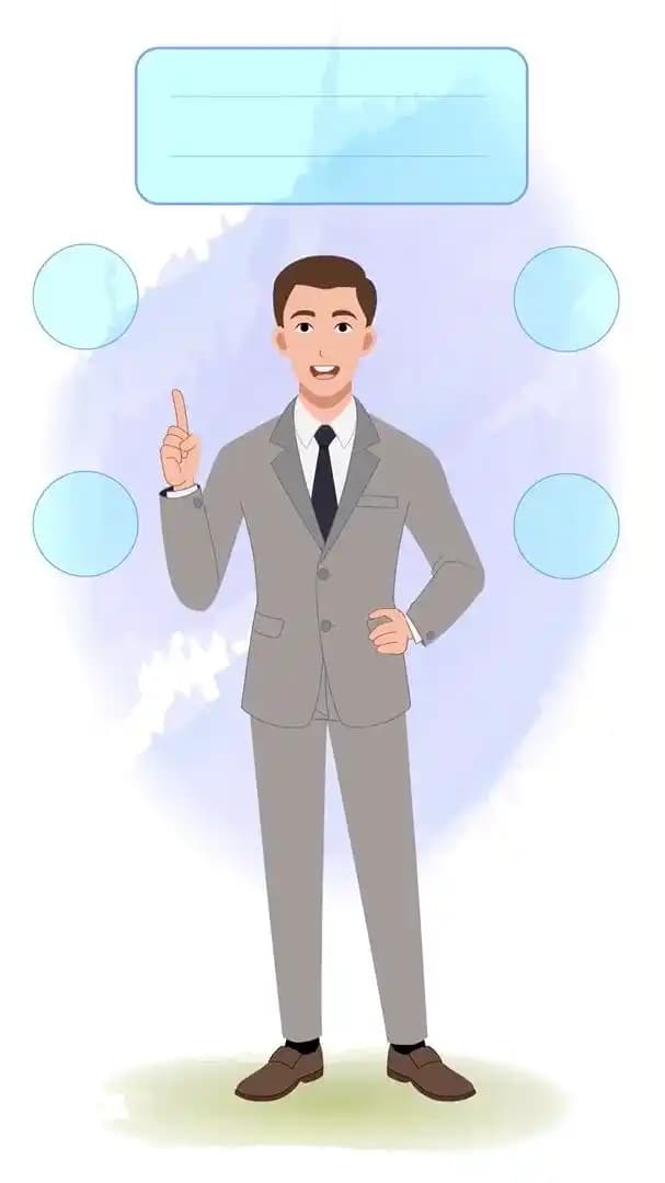 Businessman explaining pose animated vector cartoon character AKA James