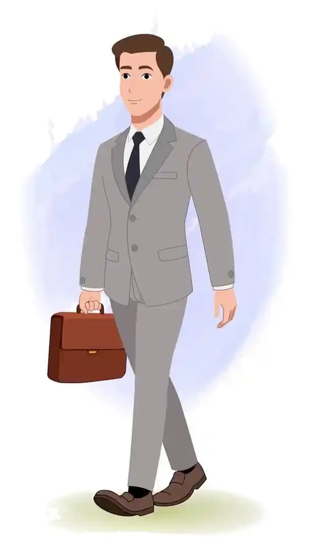 Young man in suit walking with hand bag animated vector cartoon character AKA James