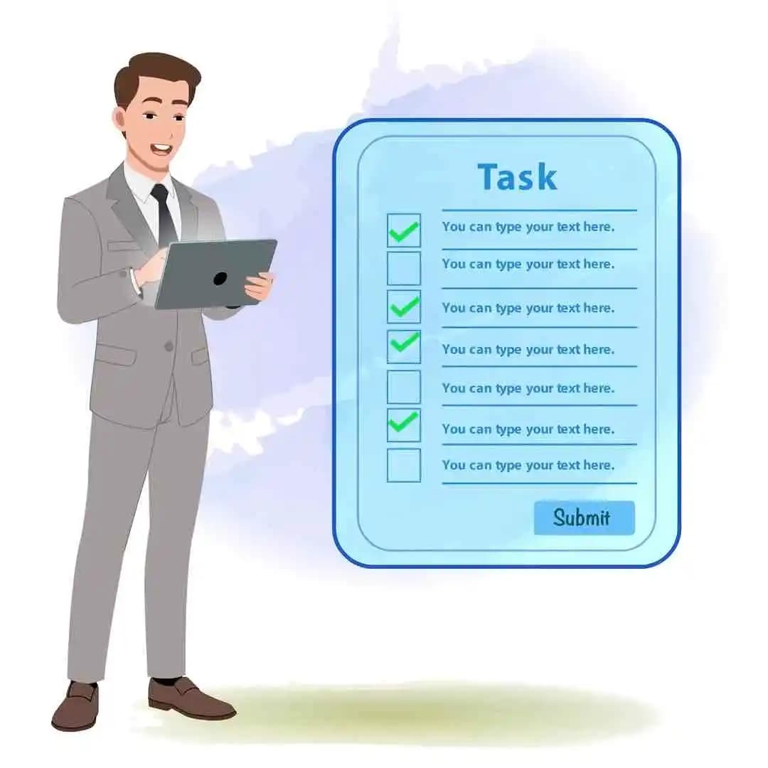 Young man using tablet with digital screen animated vector cartoon character AKA James