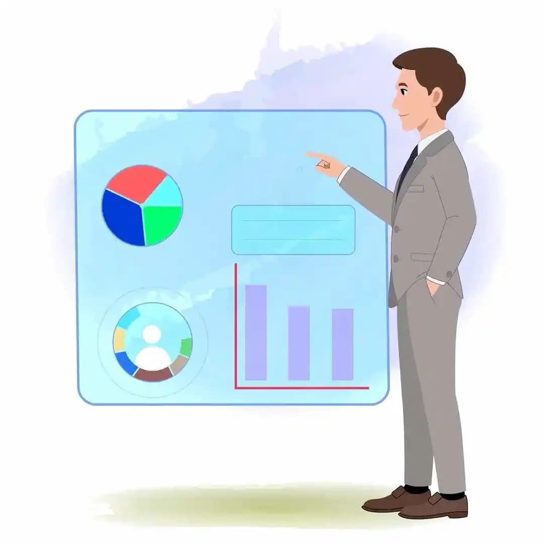 Young man presenting digital graph animated vector cartoon character AKA James