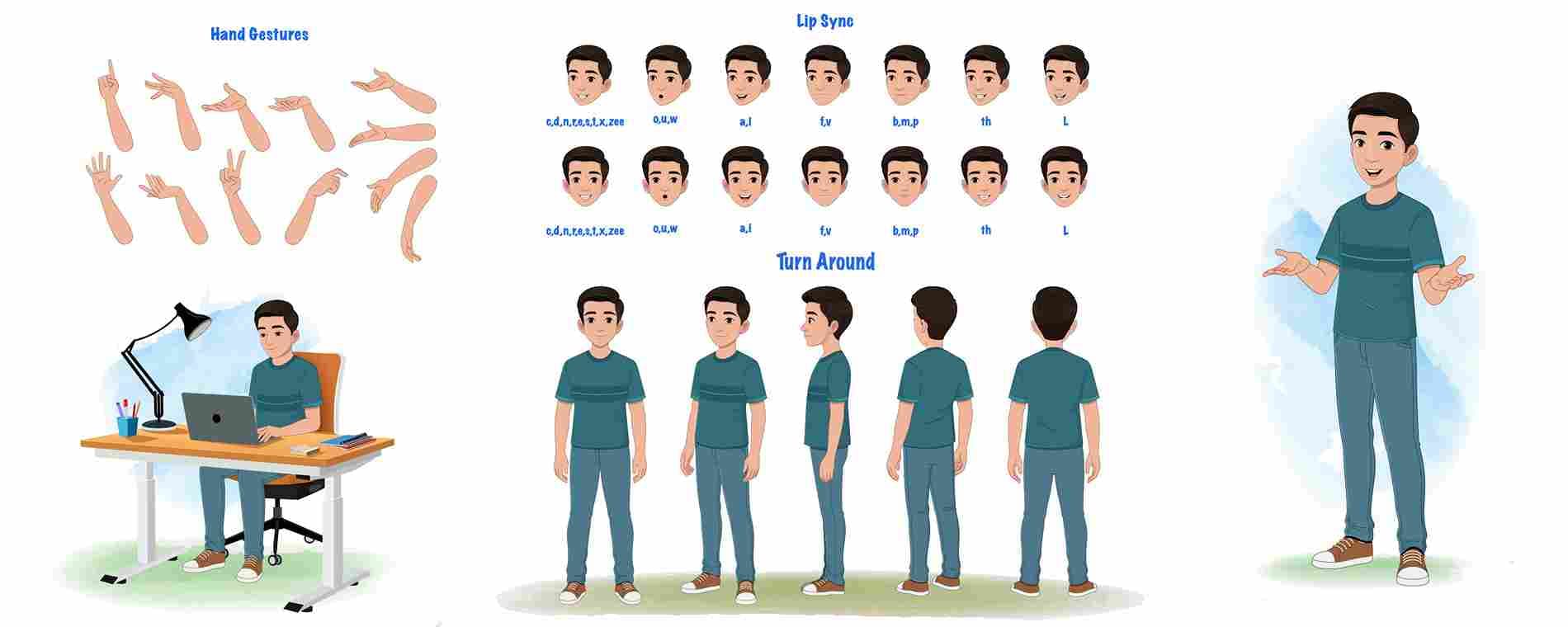 Indian boy wearing green t shirt model sheet vector cartoon character design set for animation AKA Anil