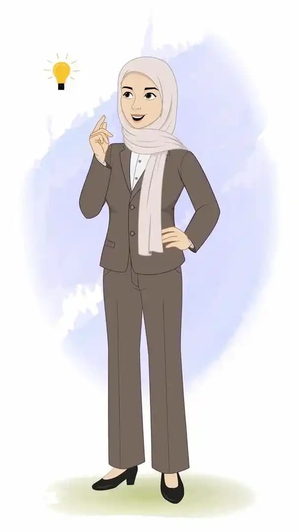 Professional girl wearing brown suit thinking pose animated vector cartoon character AKA Iqra