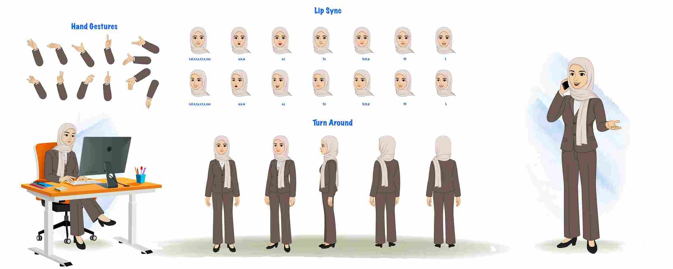 Young muslim girl wearing brown suit model sheet vector cartoon character design set for animation AKA Iqra