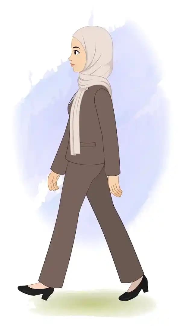 Girl wearing brown suit walking side view animated vector cartoon character AKA Iqra