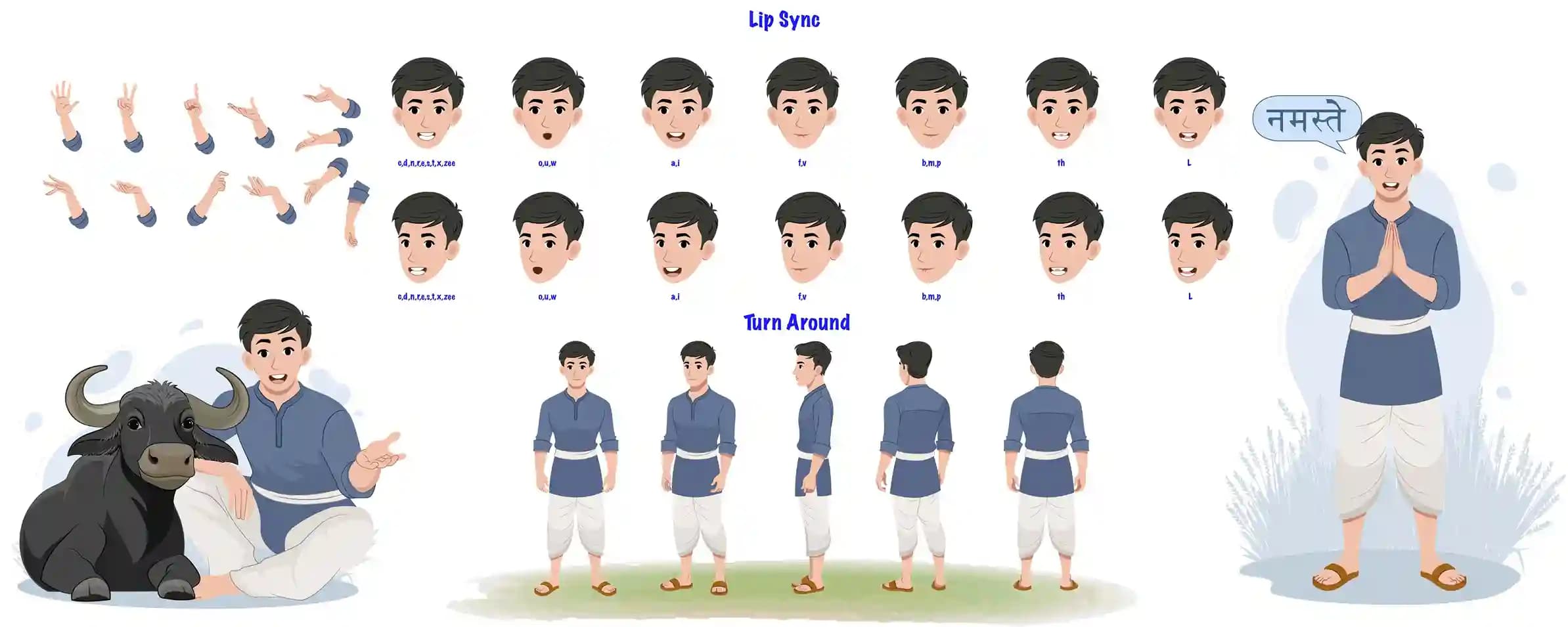 2d illustration model sheet young Indian Farmer cartoon vector character design set for animation AKA Chandan