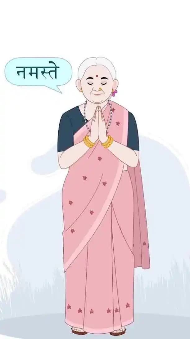 Indian grand mother with namaste note animated vector cartoon character AKA Asha Dadi