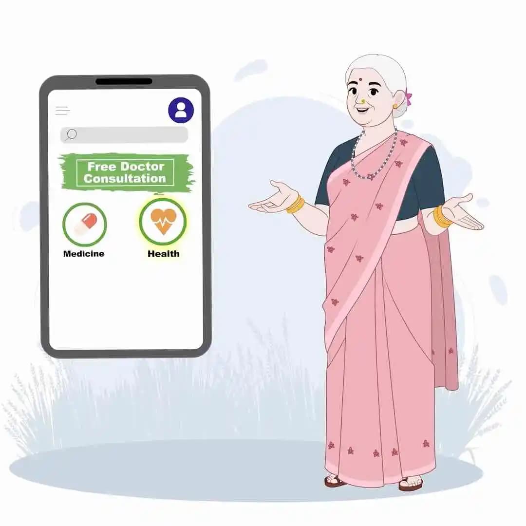 Old woman with digital health chart animated vector cartoon character AKA Asha Dadi