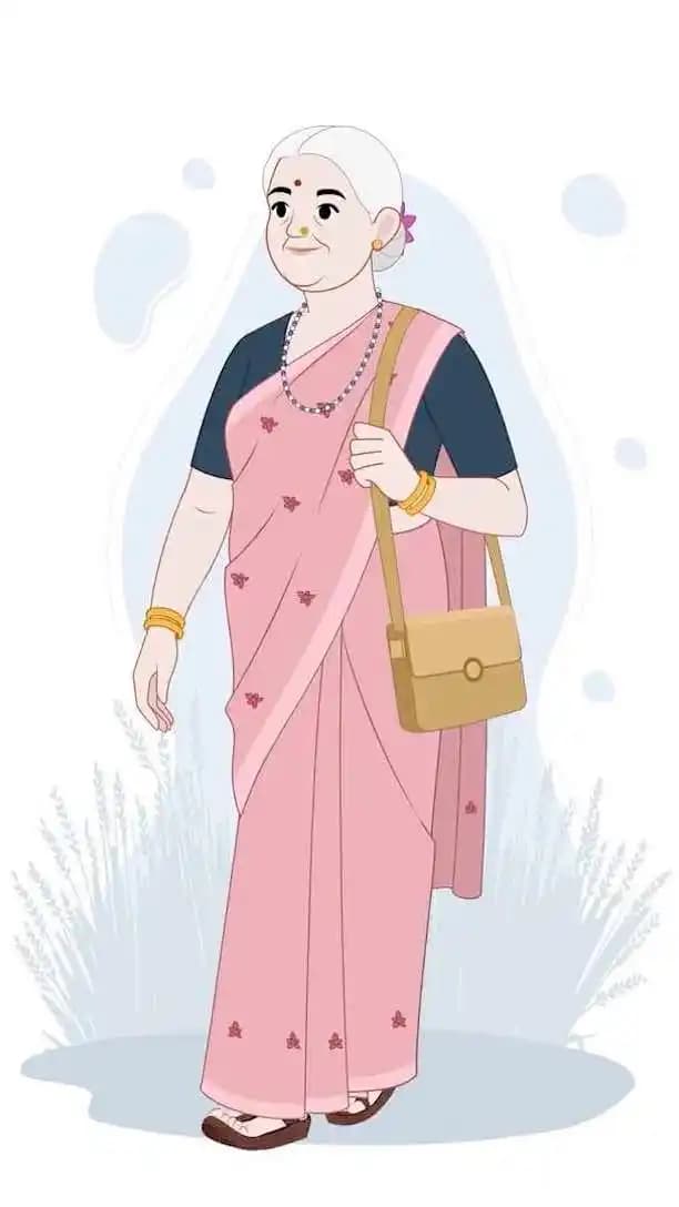 Indian grandmother walking with side bag  animated vector cartoon character AKA Asha Dadi