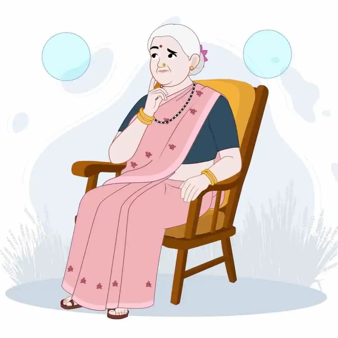 Elderly Indian woman sitting and thinking animated vector cartoon character AKA Asha Dadi