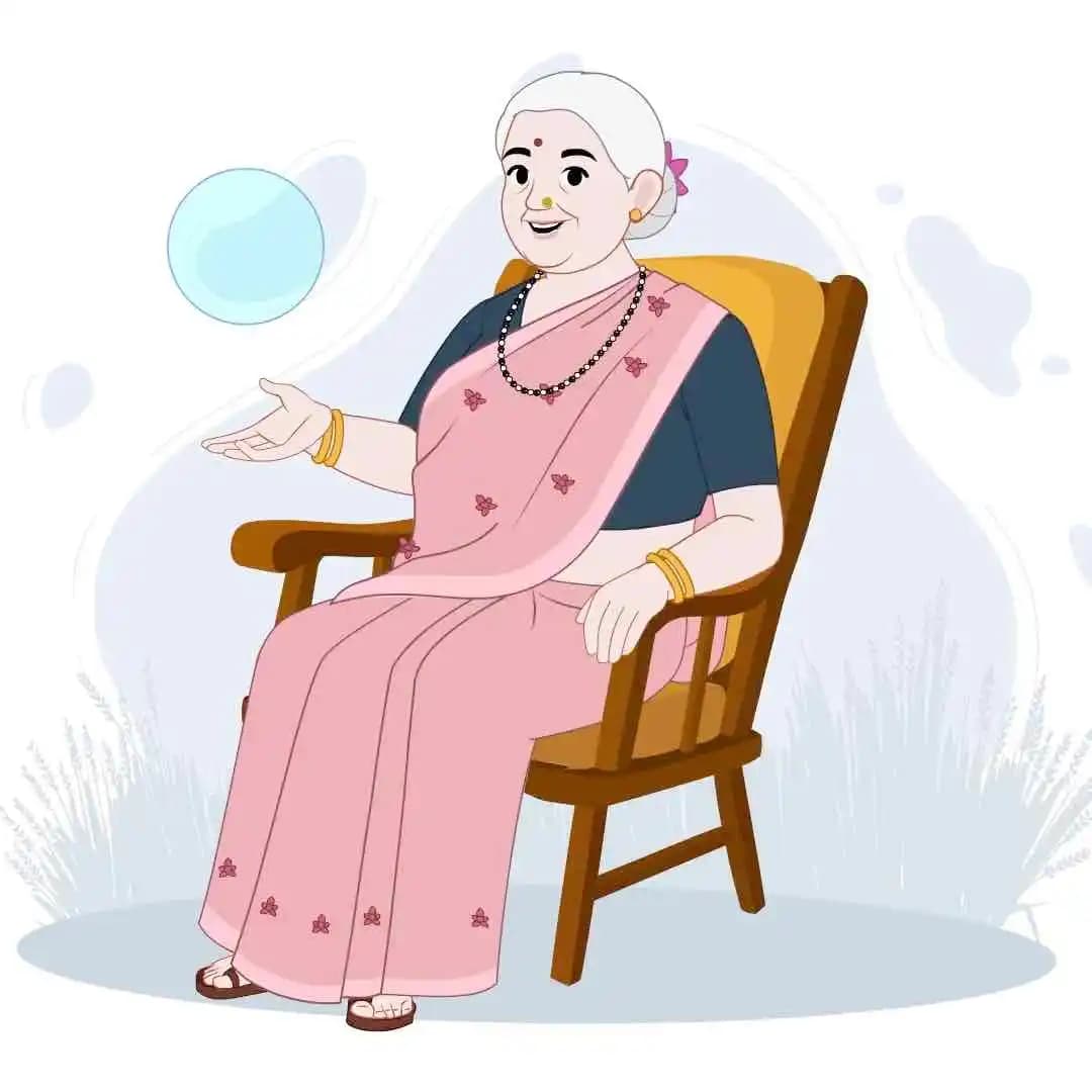 Elderly Indian woman sitting and narrating animated vector cartoon character AKA Asha Dadi