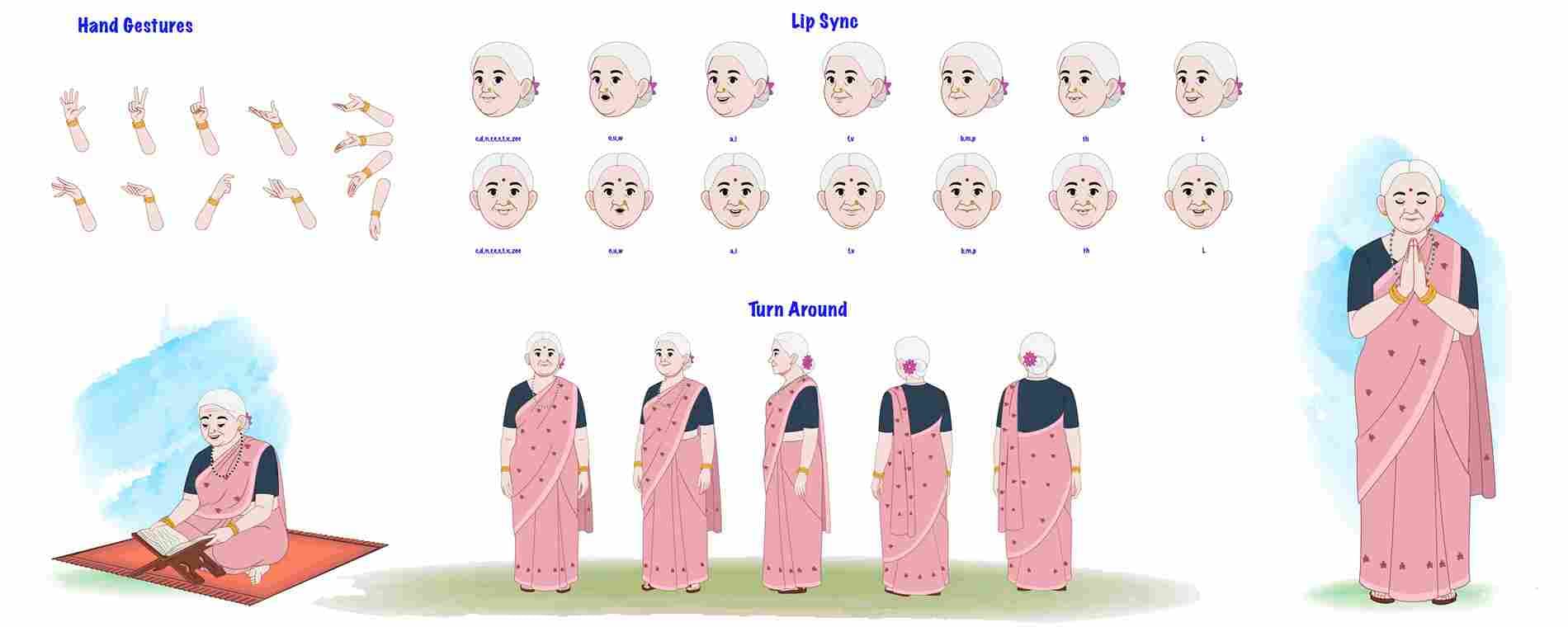 Indian old woman in saree model sheet vector cartoon character bundle design set for animation AKA Asha Dadi