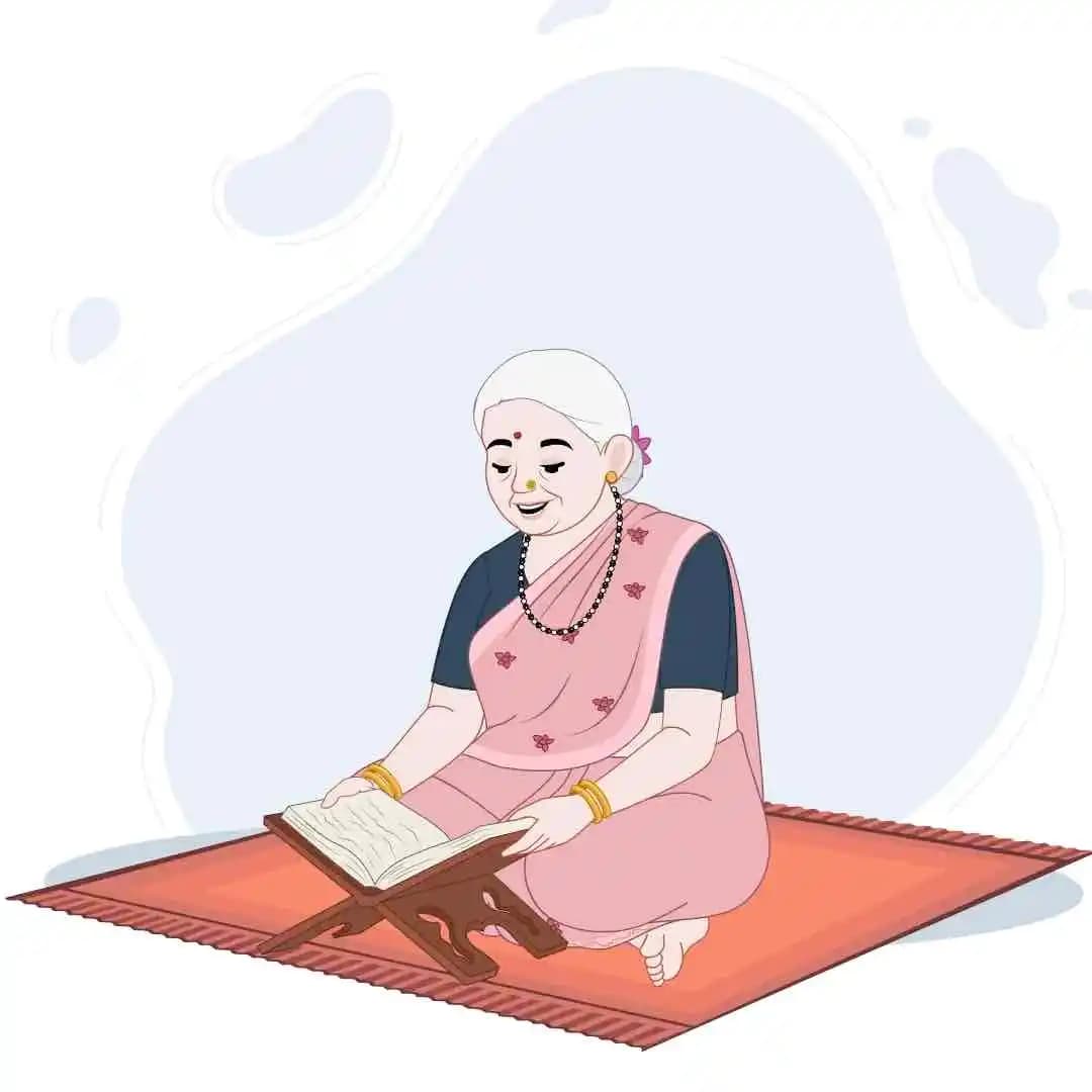 Elderly Indian woman reading holy book animated vector cartoon character AKA Asha Dadi