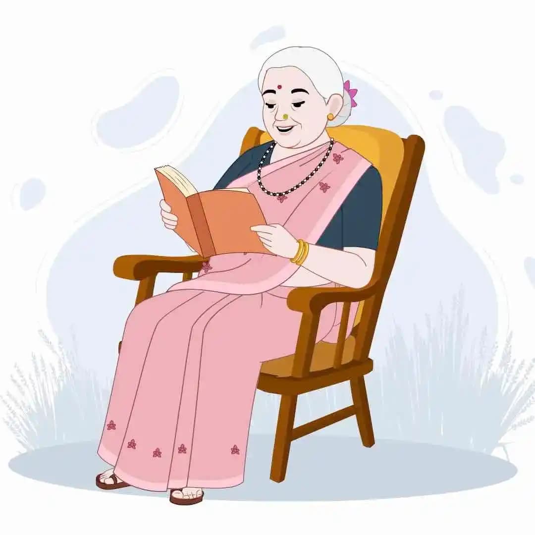 Traditional Indian woman reading book animated vector cartoon character AKA Asha Dadi