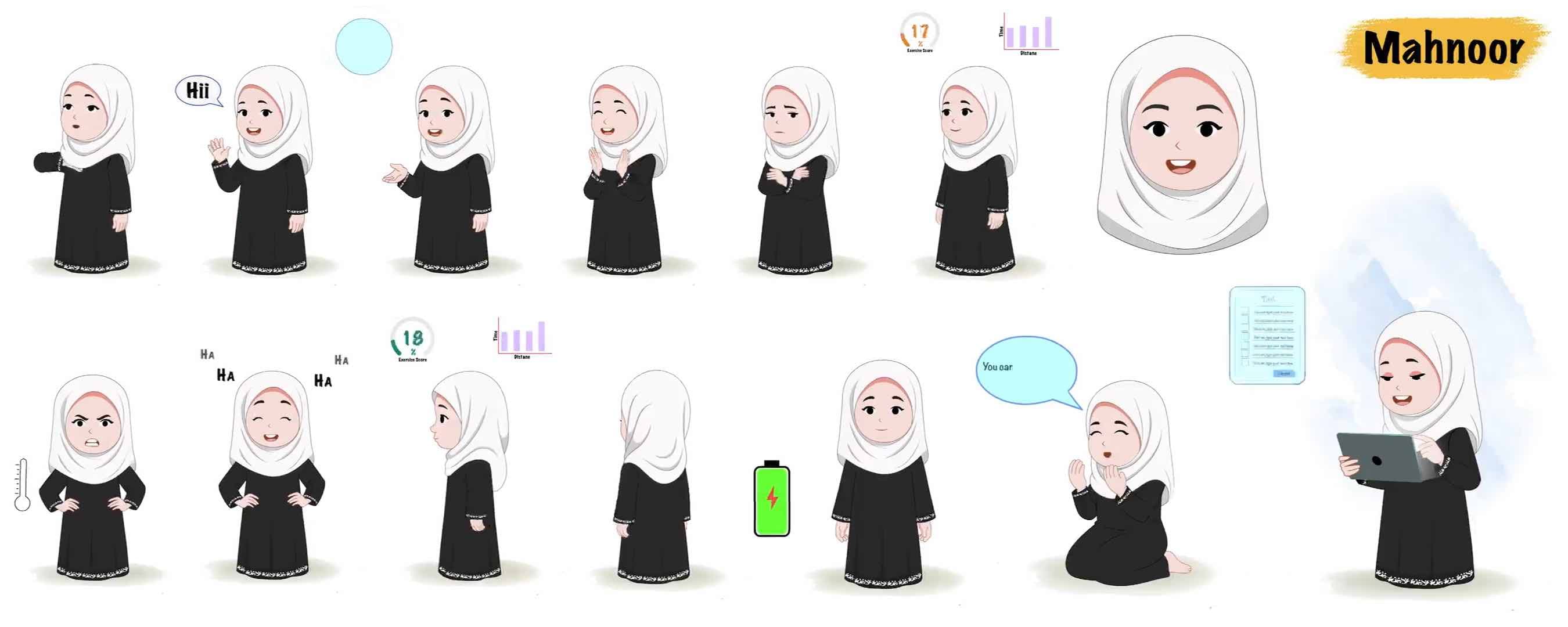 little muslim girl wearing black dress character animated model sheet vector cartoon AKA Mahnoor